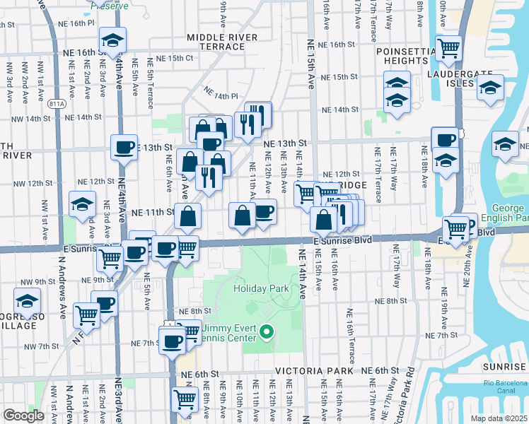 map of restaurants, bars, coffee shops, grocery stores, and more near 1044 Northeast 12th Avenue in Fort Lauderdale