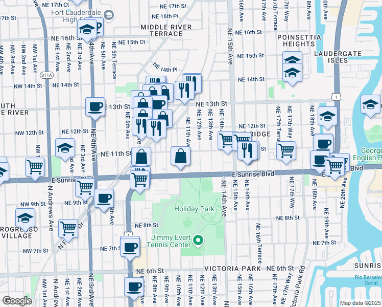 map of restaurants, bars, coffee shops, grocery stores, and more near 1019 Northeast 11th Street in Fort Lauderdale