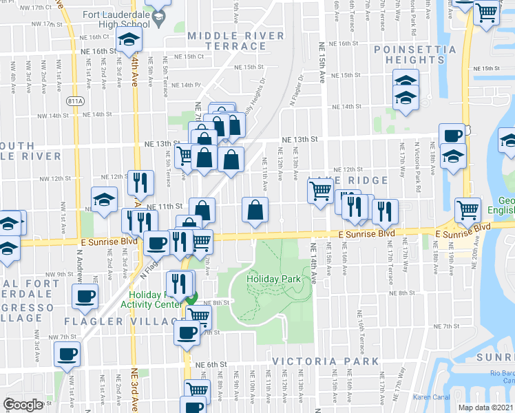map of restaurants, bars, coffee shops, grocery stores, and more near 1019 Northeast 11th Street in Fort Lauderdale