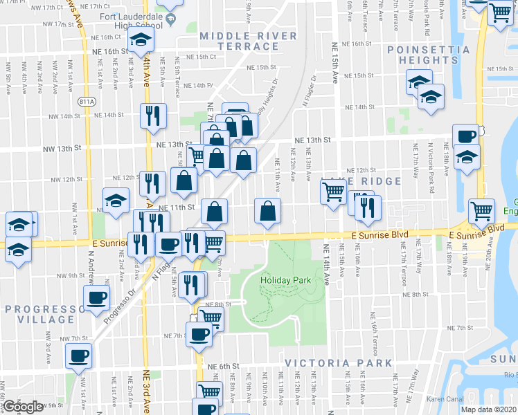map of restaurants, bars, coffee shops, grocery stores, and more near 1101 Northeast 9th Avenue in Fort Lauderdale