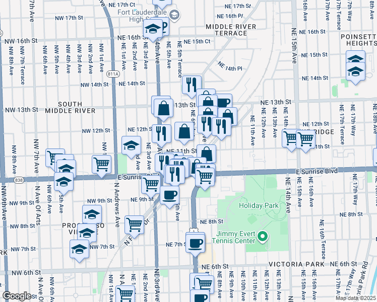 map of restaurants, bars, coffee shops, grocery stores, and more near 601 Northeast 11th Street in Fort Lauderdale