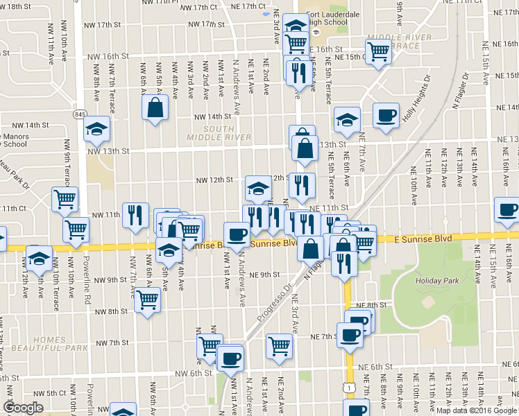 map of restaurants, bars, coffee shops, grocery stores, and more near 1111 Northeast 1st Avenue in Fort Lauderdale