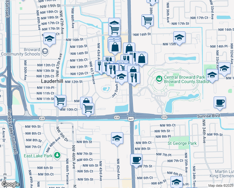 map of restaurants, bars, coffee shops, grocery stores, and more near 1125 Northwest 41st Terrace in Lauderhill
