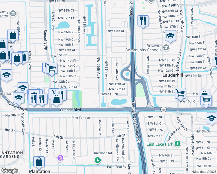 map of restaurants, bars, coffee shops, grocery stores, and more near 5490 Northwest 12th Court in Lauderhill