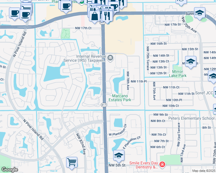 map of restaurants, bars, coffee shops, grocery stores, and more near 1133 Northwest 79th Drive in Plantation