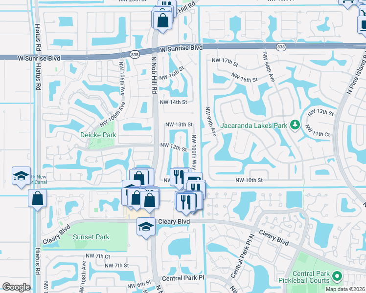 map of restaurants, bars, coffee shops, grocery stores, and more near 1220 Northwest 101st Avenue in Plantation