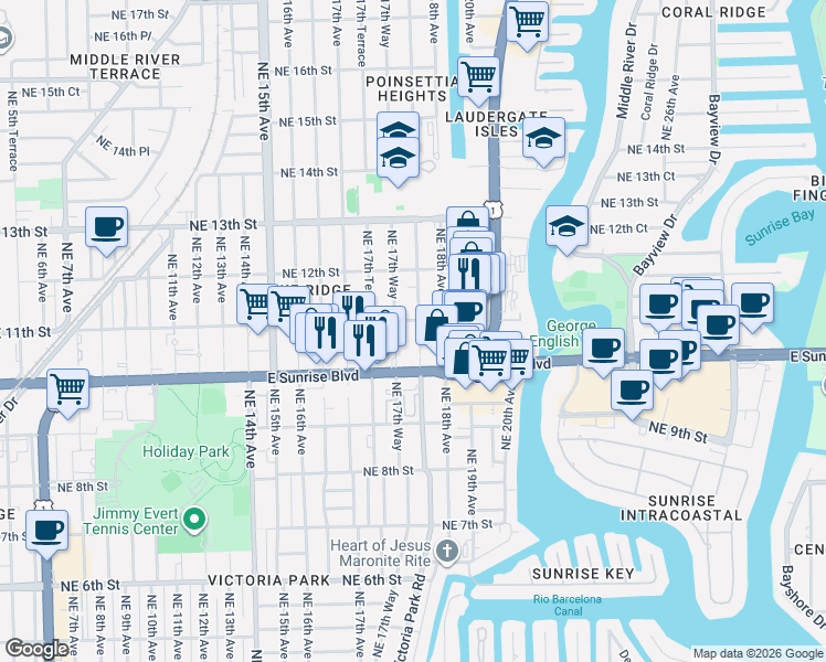 map of restaurants, bars, coffee shops, grocery stores, and more near 406 Northeast 11th Street in Fort Lauderdale