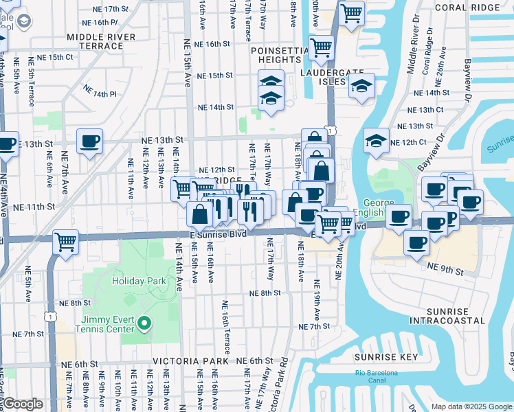 map of restaurants, bars, coffee shops, grocery stores, and more near 1033 Northeast 17th Way in Fort Lauderdale