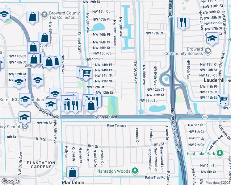 map of restaurants, bars, coffee shops, grocery stores, and more near 5801 Northwest 12th Street in Sunrise