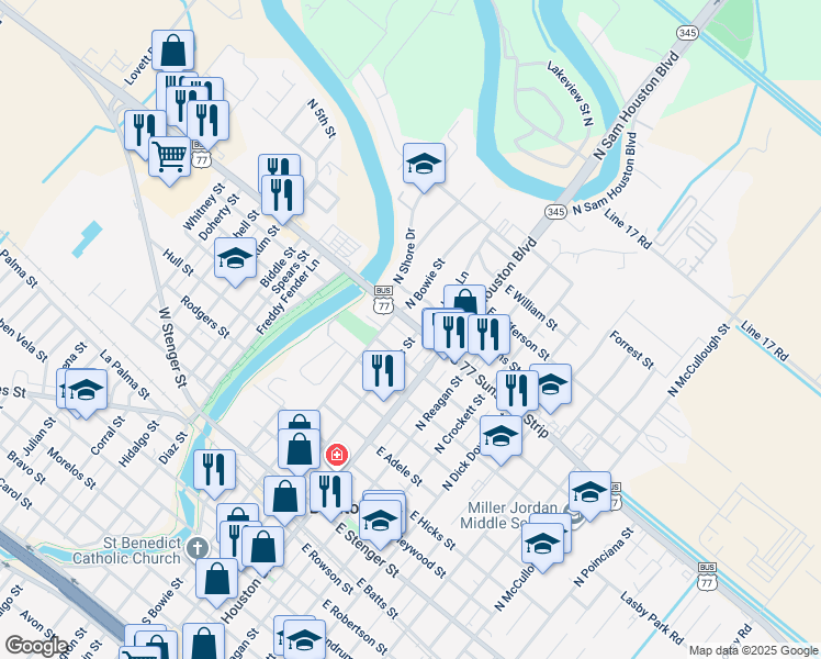 map of restaurants, bars, coffee shops, grocery stores, and more near 210 U.S. 77 Business in San Benito