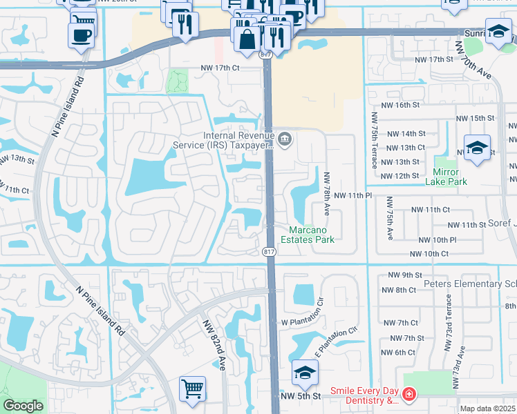 map of restaurants, bars, coffee shops, grocery stores, and more near 8022 Lakepointe Drive in Plantation