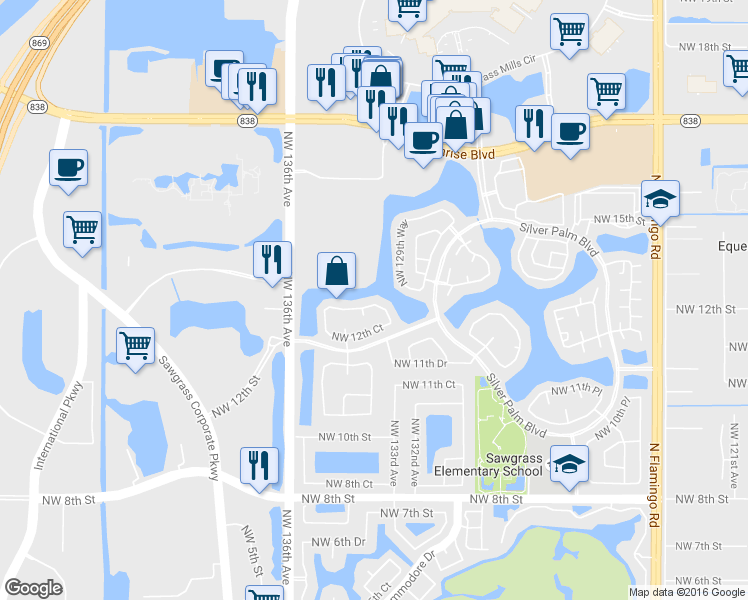 map of restaurants, bars, coffee shops, grocery stores, and more near 13211 Northwest 13th Street in Sunrise