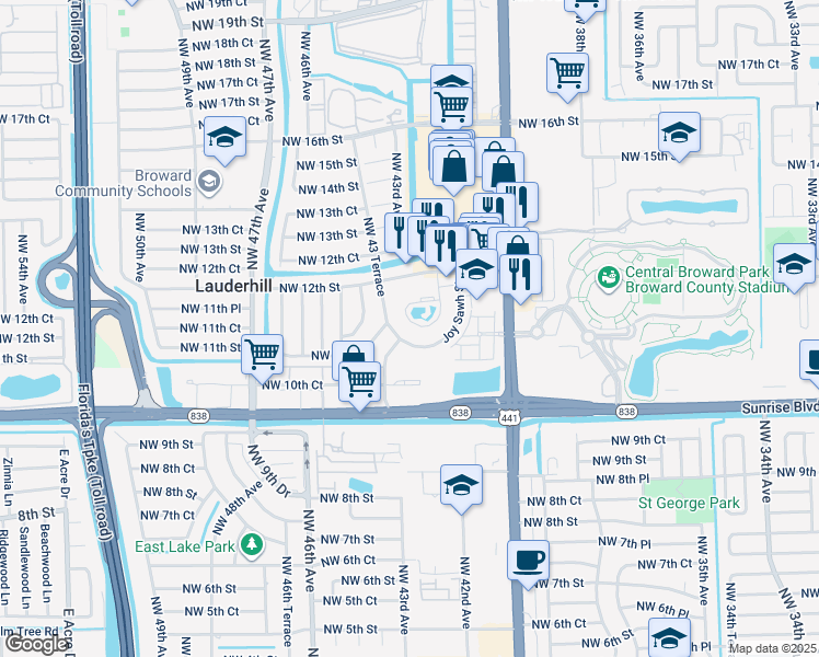 map of restaurants, bars, coffee shops, grocery stores, and more near 1118 Northwest 42nd Way in Lauderhill