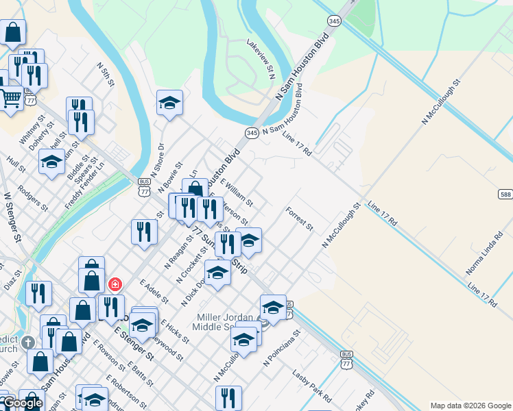 map of restaurants, bars, coffee shops, grocery stores, and more near 1249 North Dick Dowling Street in San Benito