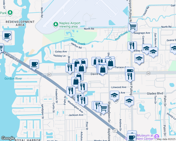 map of restaurants, bars, coffee shops, grocery stores, and more near 2625 Davis Boulevard in Naples