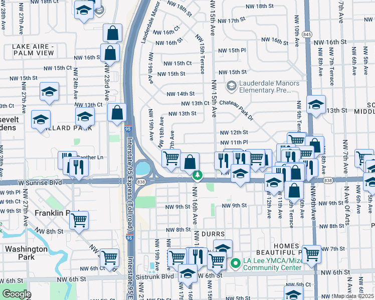 map of restaurants, bars, coffee shops, grocery stores, and more near 1613 Northwest 11th Court in Fort Lauderdale