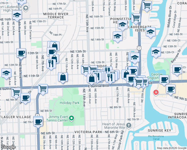 map of restaurants, bars, coffee shops, grocery stores, and more near 1111 Northeast 16th Avenue in Fort Lauderdale
