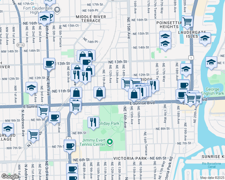 map of restaurants, bars, coffee shops, grocery stores, and more near 1044 Northeast 12th Avenue in Fort Lauderdale
