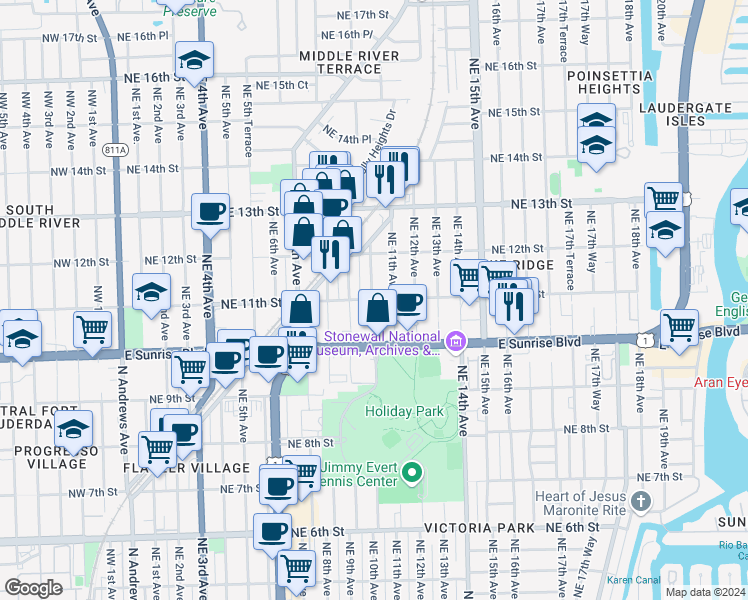 map of restaurants, bars, coffee shops, grocery stores, and more near 1019 Northeast 11th Street in Fort Lauderdale