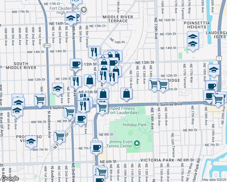 map of restaurants, bars, coffee shops, grocery stores, and more near 1101 Northeast 9th Avenue in Fort Lauderdale