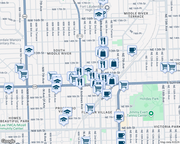 map of restaurants, bars, coffee shops, grocery stores, and more near 1108 Northeast 2nd Avenue in Fort Lauderdale