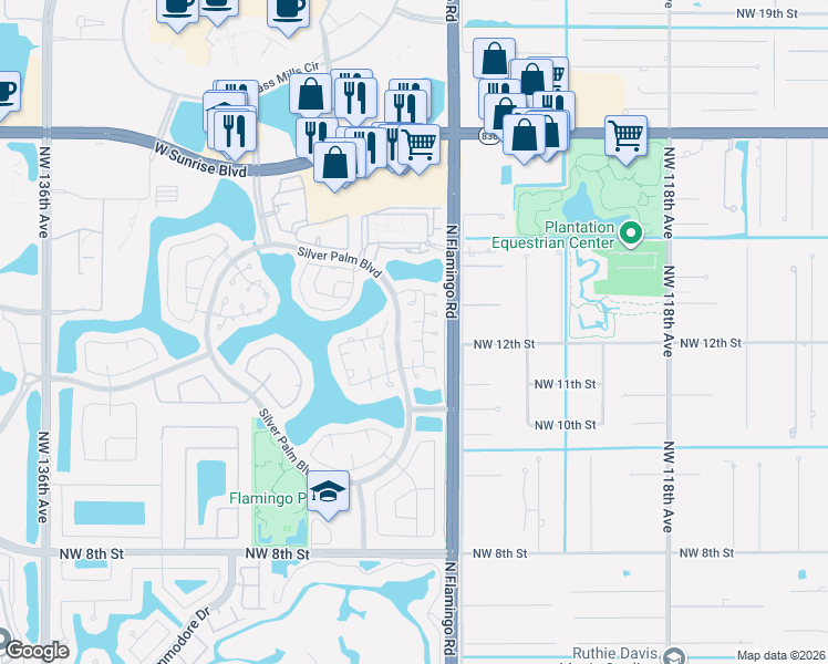 map of restaurants, bars, coffee shops, grocery stores, and more near 1247 Northwest 125th Terrace in Sunrise