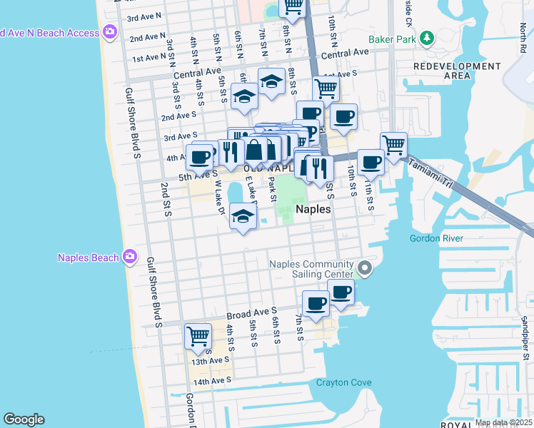 map of restaurants, bars, coffee shops, grocery stores, and more near 630 7th Avenue South in Naples