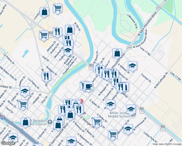 map of restaurants, bars, coffee shops, grocery stores, and more near 801-899 North Bowie Street in San Benito