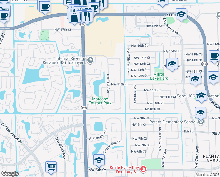 map of restaurants, bars, coffee shops, grocery stores, and more near 7761 Northwest 11th Court in Plantation