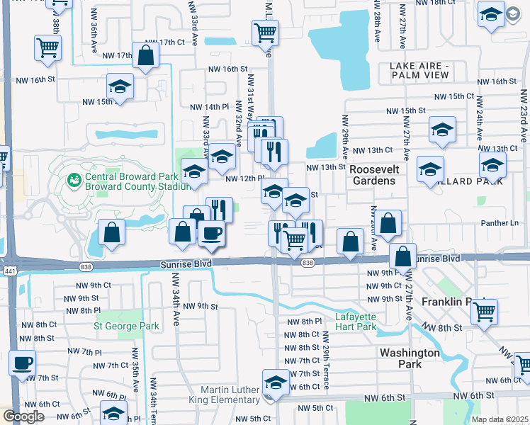 map of restaurants, bars, coffee shops, grocery stores, and more near 1141 Northwest 31st Avenue in Lauderhill