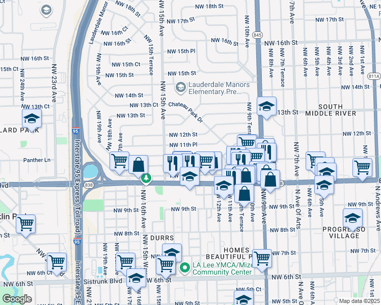 map of restaurants, bars, coffee shops, grocery stores, and more near 1307 Northwest 11th Court in Fort Lauderdale