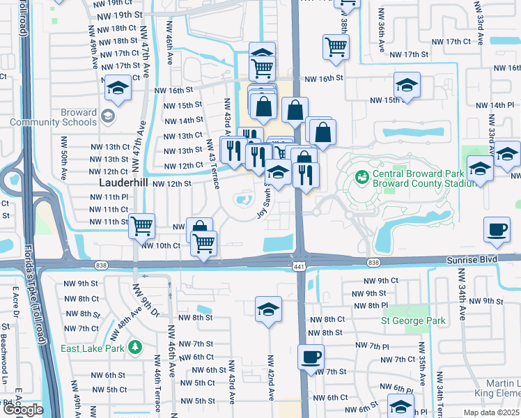 map of restaurants, bars, coffee shops, grocery stores, and more near 1125 Northwest 41st Terrace in Lauderhill