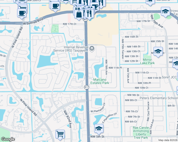 map of restaurants, bars, coffee shops, grocery stores, and more near 1146 North University Drive in Plantation