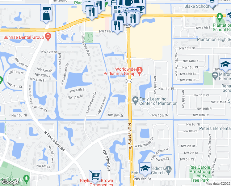 map of restaurants, bars, coffee shops, grocery stores, and more near 8136 Lakepointe Drive in Plantation