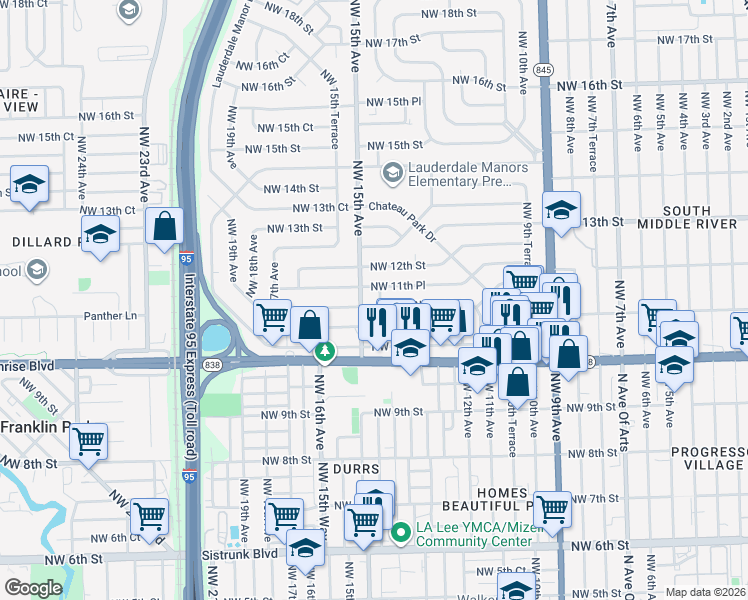 map of restaurants, bars, coffee shops, grocery stores, and more near 1430 Northwest 11th Court in Fort Lauderdale