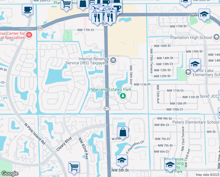 map of restaurants, bars, coffee shops, grocery stores, and more near 1146 North University Drive in Plantation