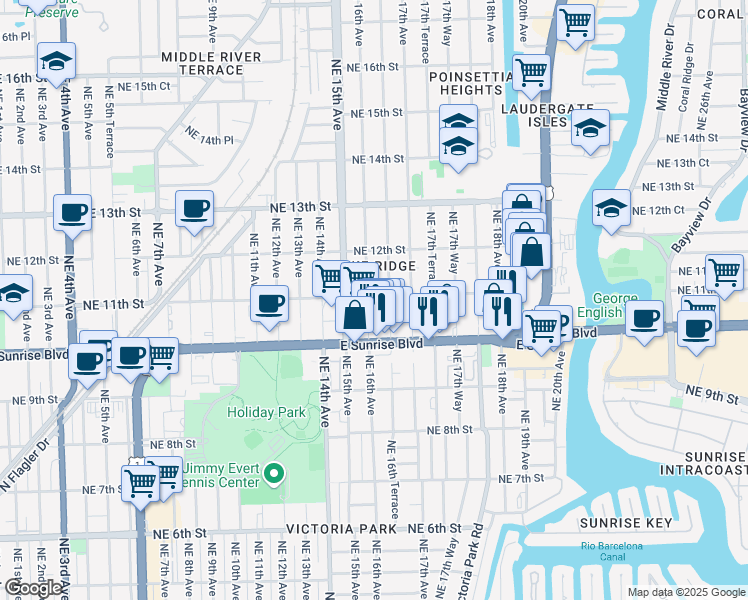 map of restaurants, bars, coffee shops, grocery stores, and more near 1044 Northeast 16th Avenue in Fort Lauderdale