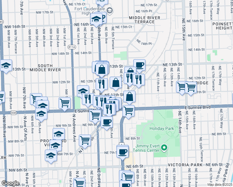 map of restaurants, bars, coffee shops, grocery stores, and more near 1105 Northeast 5th Terrace in Fort Lauderdale