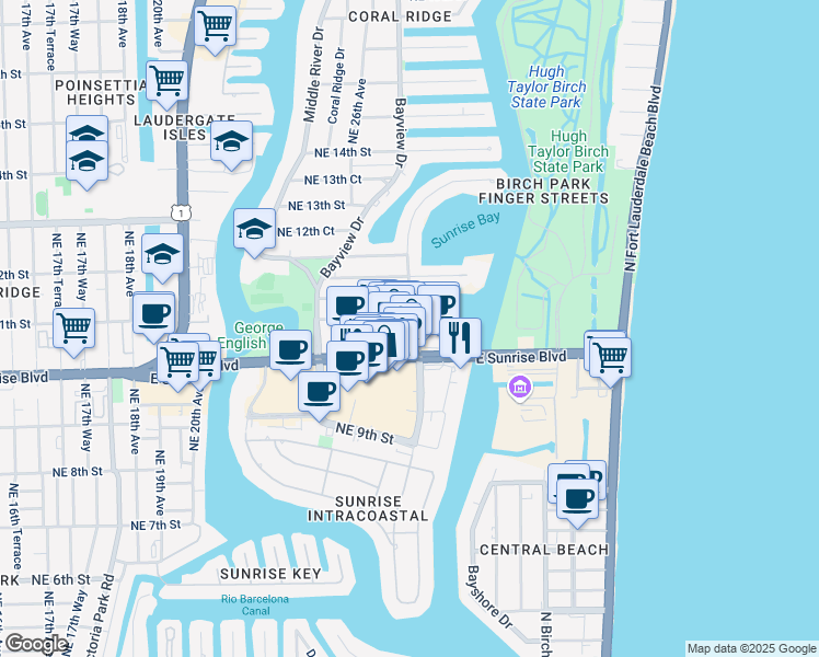 map of restaurants, bars, coffee shops, grocery stores, and more near 1031 Seminole Drive in Fort Lauderdale