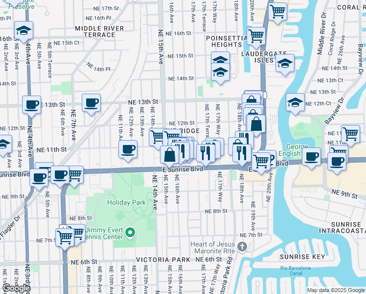 map of restaurants, bars, coffee shops, grocery stores, and more near 1616 Northeast 11th Street in Fort Lauderdale