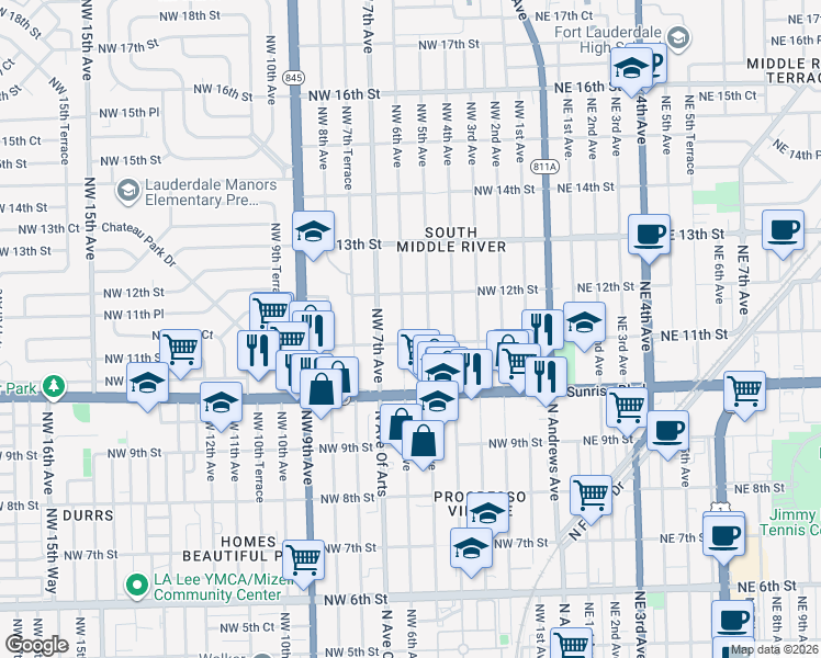 map of restaurants, bars, coffee shops, grocery stores, and more near 1115 Northwest 5th Avenue in Fort Lauderdale
