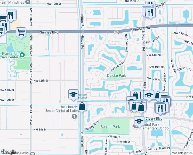 map of restaurants, bars, coffee shops, grocery stores, and more near 1180 Northwest 107th Avenue in Plantation