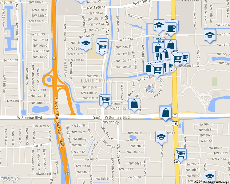 map of restaurants, bars, coffee shops, grocery stores, and more near 1141 Northwest 45th Terrace in Lauderhill