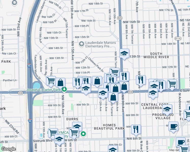 map of restaurants, bars, coffee shops, grocery stores, and more near 1119 Northwest 11th Court in Fort Lauderdale
