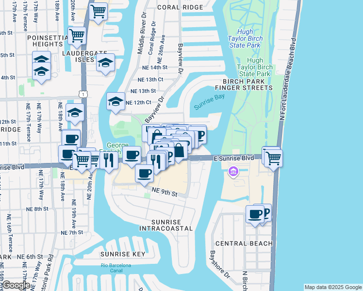 map of restaurants, bars, coffee shops, grocery stores, and more near 2501 East Sunrise Boulevard in Fort Lauderdale
