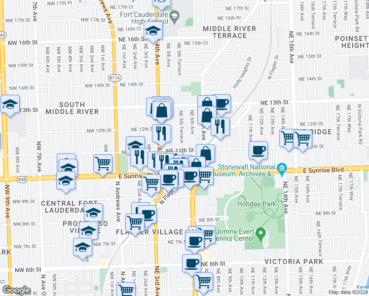 map of restaurants, bars, coffee shops, grocery stores, and more near 1105 Northeast 5th Terrace in Fort Lauderdale