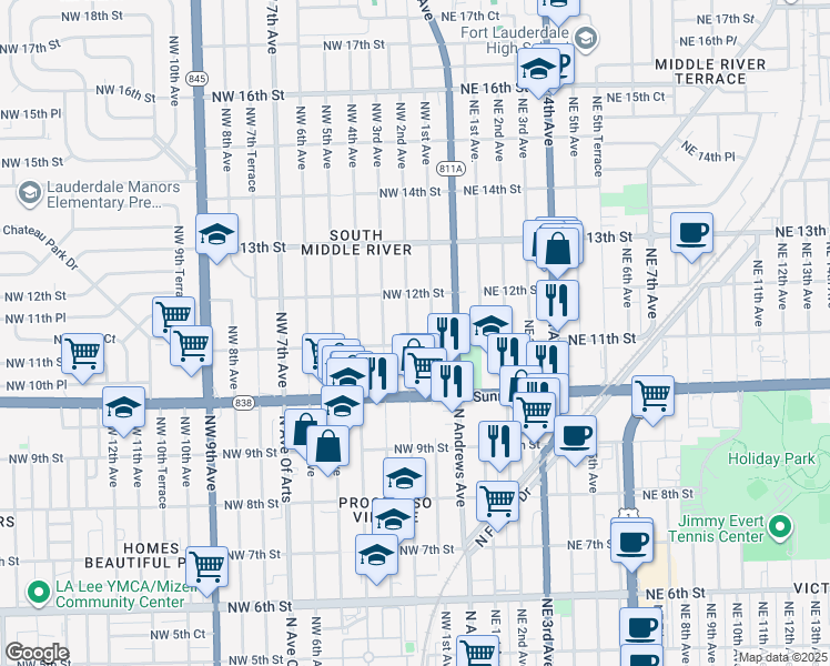 map of restaurants, bars, coffee shops, grocery stores, and more near 1111 Northwest 2nd Avenue in Fort Lauderdale