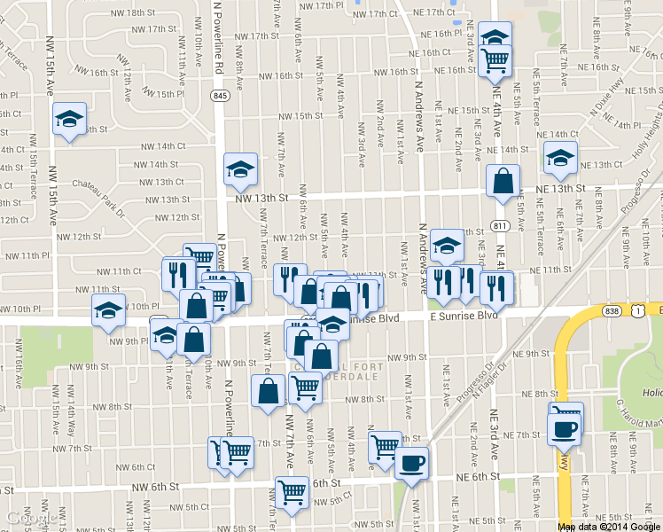 map of restaurants, bars, coffee shops, grocery stores, and more near 1115 Northwest 5th Avenue in Fort Lauderdale