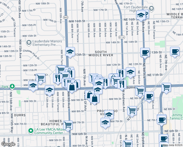 map of restaurants, bars, coffee shops, grocery stores, and more near 1115 Northwest 5th Avenue in Fort Lauderdale