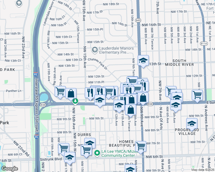 map of restaurants, bars, coffee shops, grocery stores, and more near 1119 Northwest 11th Court in Fort Lauderdale